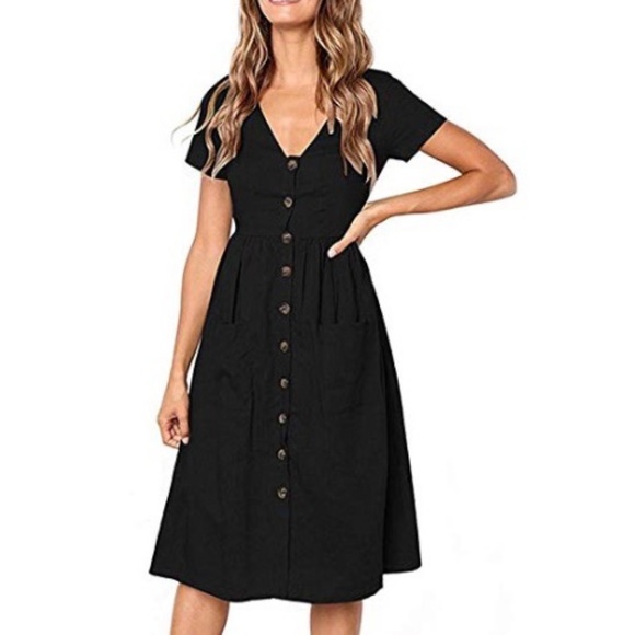 Dresses & Skirts - Button-Up Short Sleeve V-Neck Dress